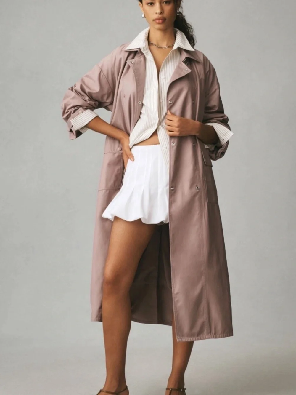 Anthropologie Mauve Trench Coat Lightweight Long Jacket Chic Minimalist. Size M - Picture 2 of 11